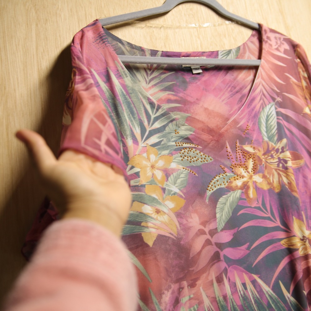 One World Live and Let Live Tropical Floral Mesh Tunic Top Pink Purple 3X NEW - Picture 2 of 8